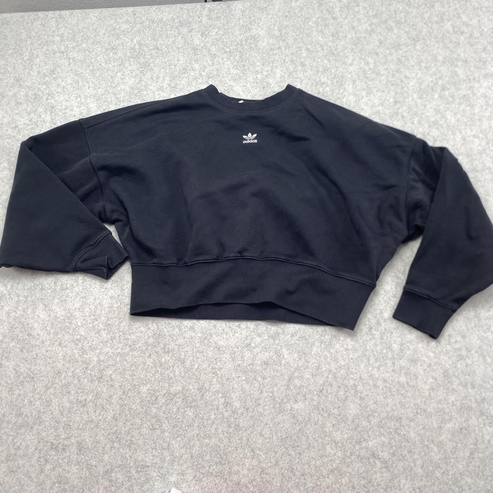 Adidas Originals Sweatshirt Womens XS Black Cropped Fleece Trefoil Logo Crewneck